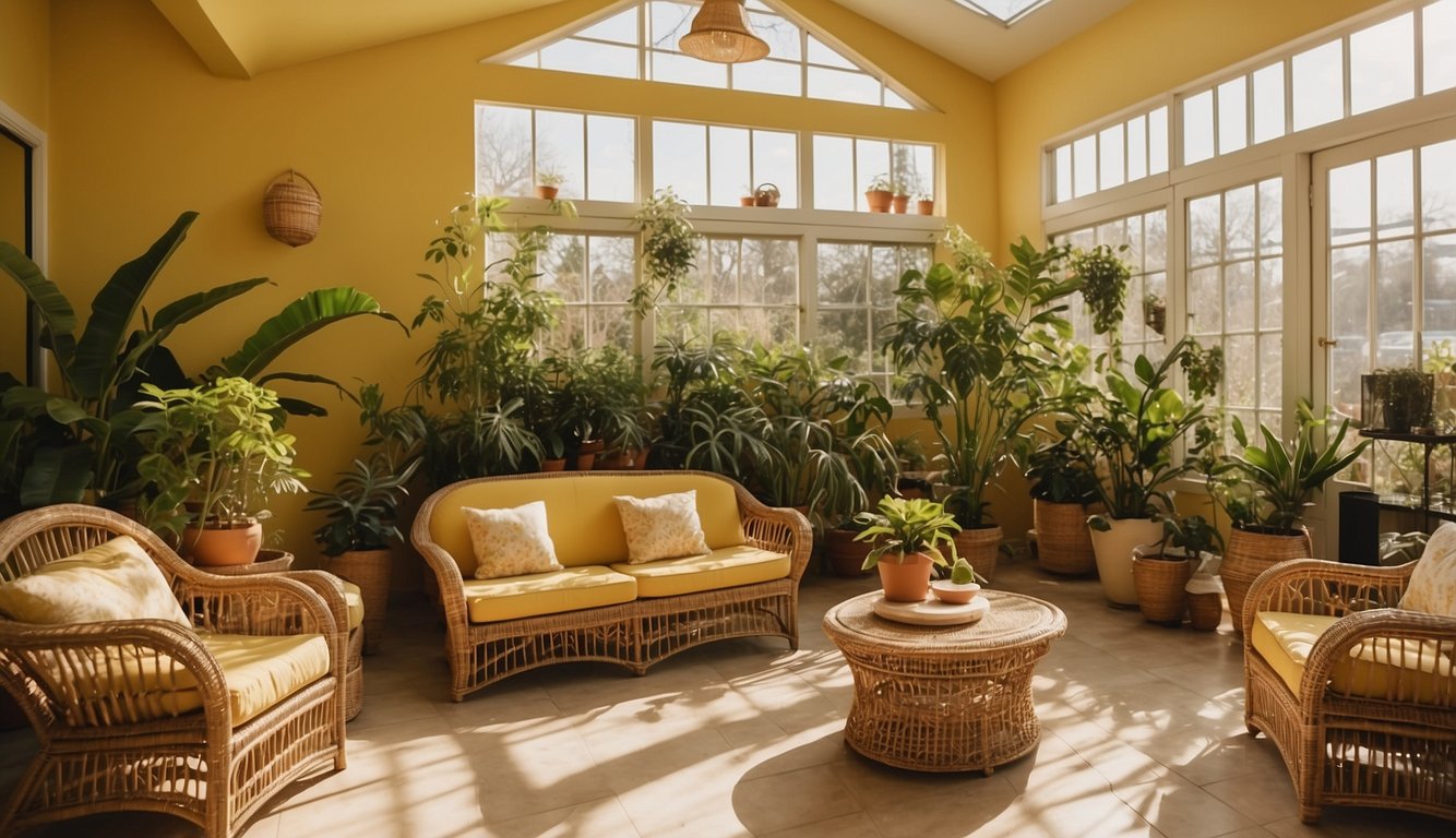 A sun-drenched sunroom with lemon-yellow walls, flooded with natural light and adorned with potted plants and comfortable wicker furniture