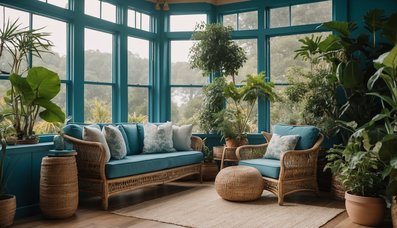 A sunroom with Ocean Blue 7 paint colors, filled with natural light, plants, and comfortable furniture