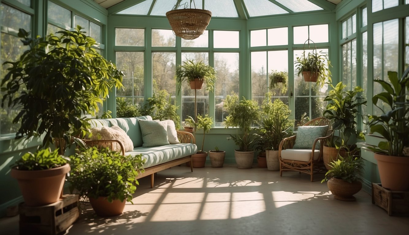 A sunlit sunroom with mint green walls, filled with potted plants and comfortable seating, bathed in warm natural light