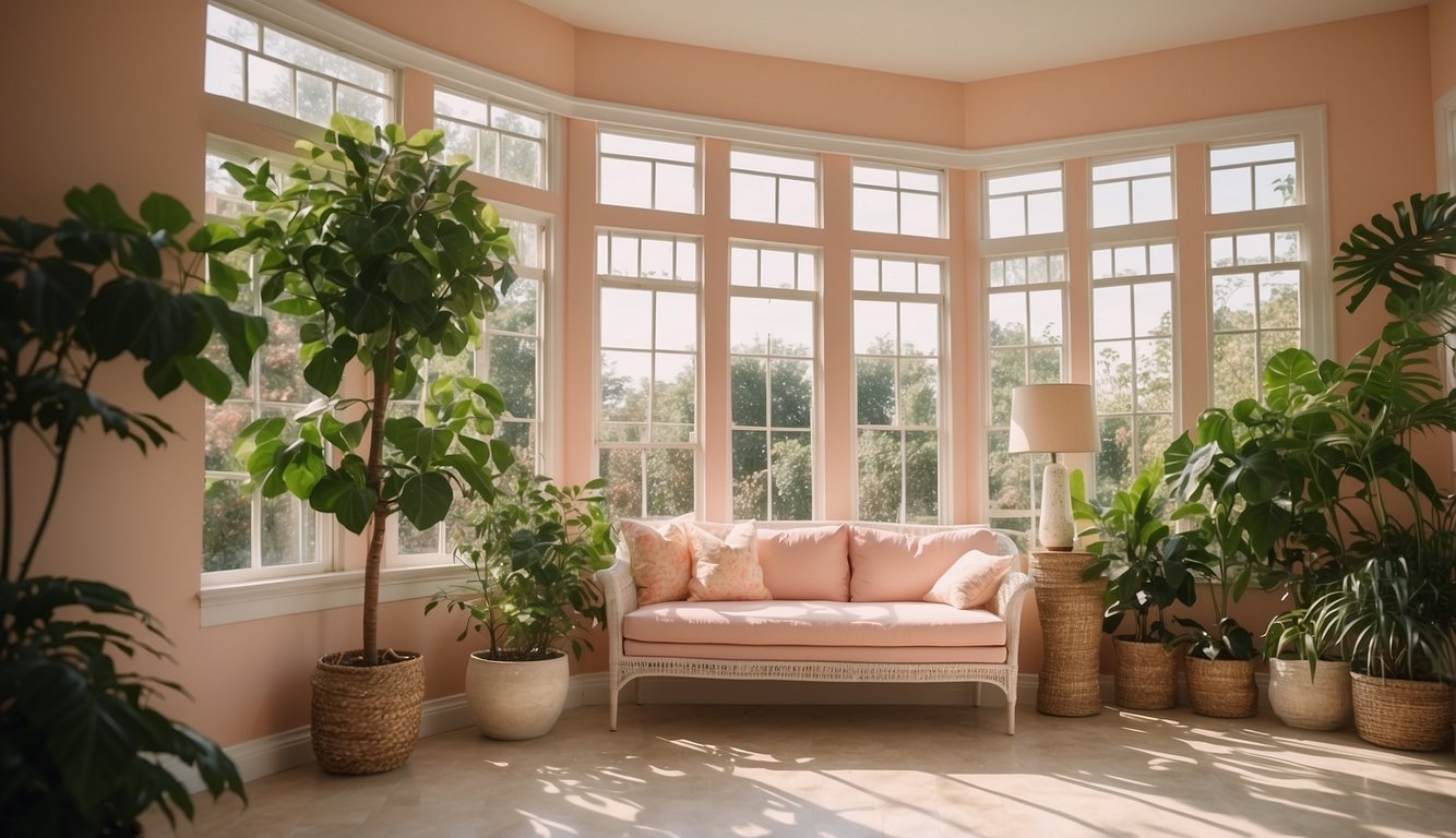 A sunlit sunroom with peachy pink walls and bright white trim, surrounded by lush greenery and flooded with natural light