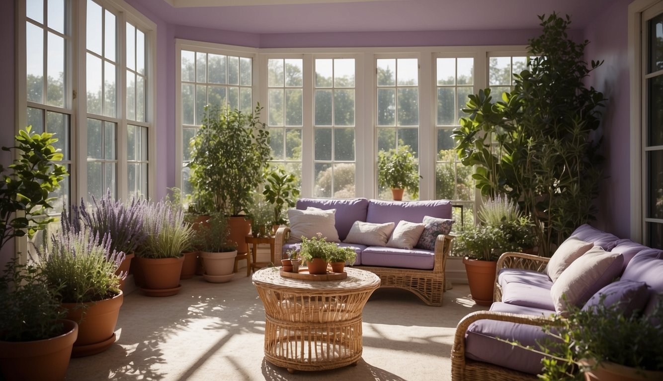 A sunlit sunroom with lavender walls, filled with cozy furniture and potted plants. A soft, serene atmosphere perfect for relaxation and enjoying the outdoors