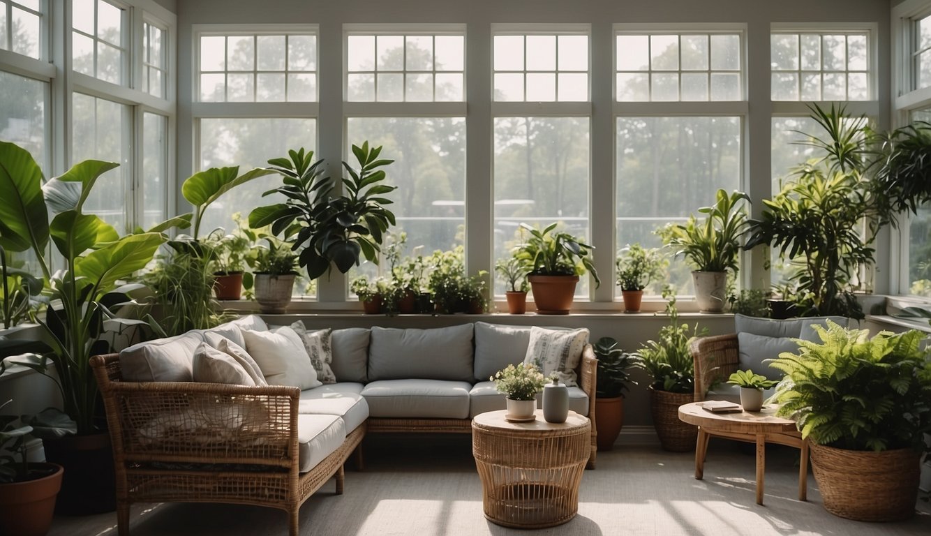 A sunroom with soft gray walls, bathed in natural light. Plants and comfortable seating create a serene and inviting atmosphere