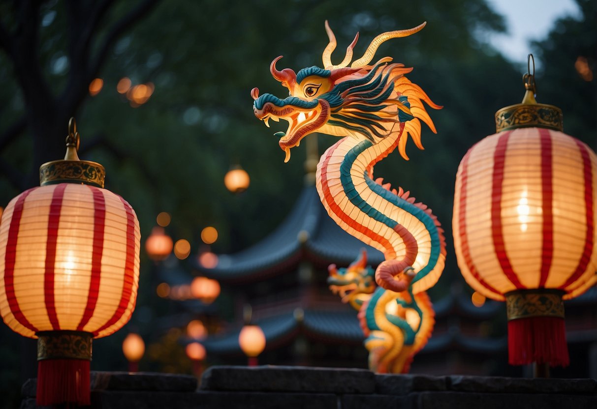 Vibrant Chinese lanterns illuminate Philadelphia park, casting a warm glow on traditional pagodas and intricate dragon sculptures