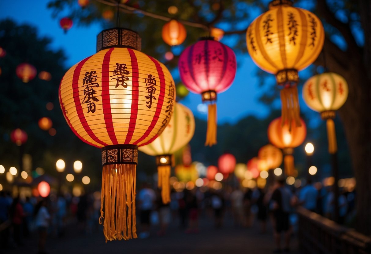 Vibrant Chinese lanterns illuminate Philadelphia park, casting a colorful glow over the festival grounds. Traditional designs and intricate patterns adorn the lanterns, creating a mesmerizing display for visitors