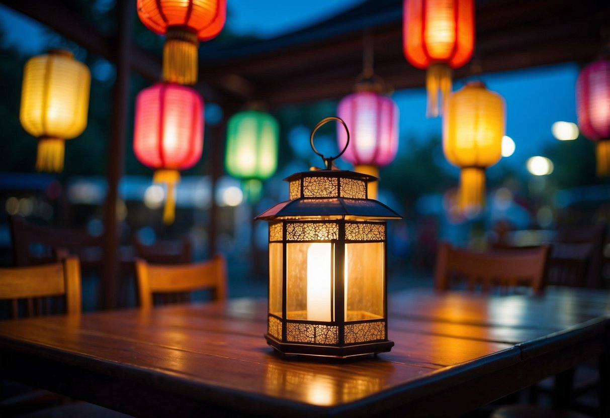 Colorful lanterns illuminate a night sky, casting a warm glow over tables adorned with traditional Chinese dishes and exotic beverages