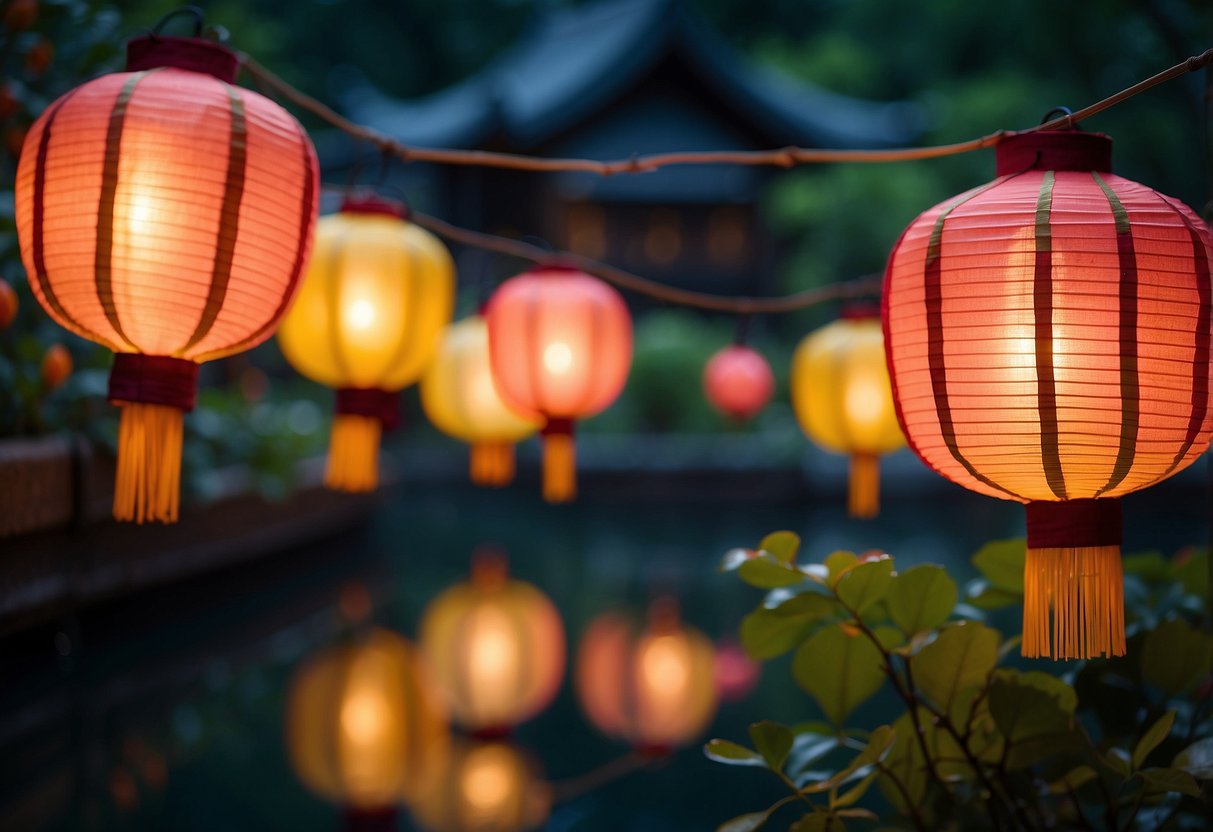 Vibrant Chinese lanterns illuminate a serene garden at night, casting colorful reflections on the water. Delicate structures and intricate designs create a mesmerizing display