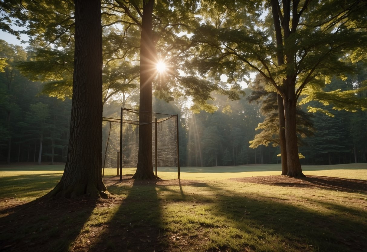 Tall trees surround a clearing, sunlight filtering through the leaves. A disc golf basket stands in the center, surrounded by a rugged course