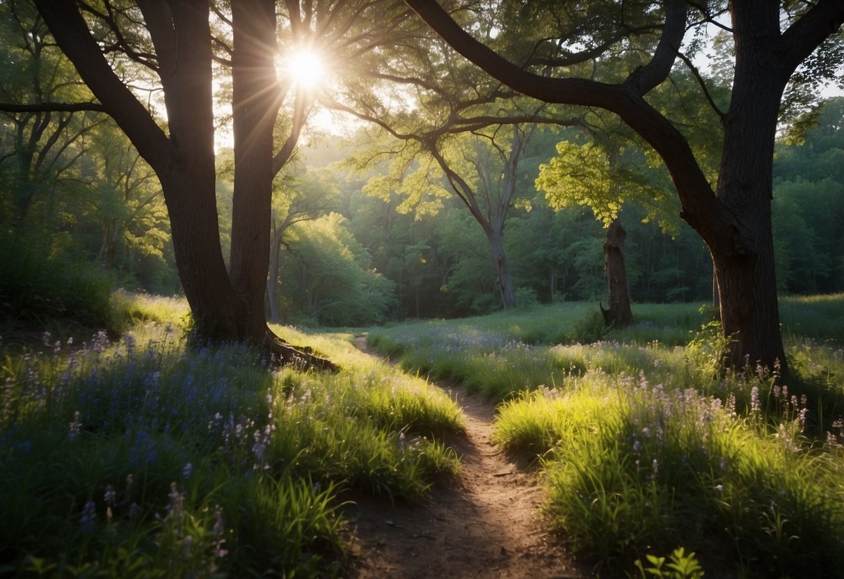 A serene forest with towering oak trees and a winding creek, surrounded by lush greenery and colorful wildflowers. The sun filters through the branches, casting dappled shadows on the forest floor