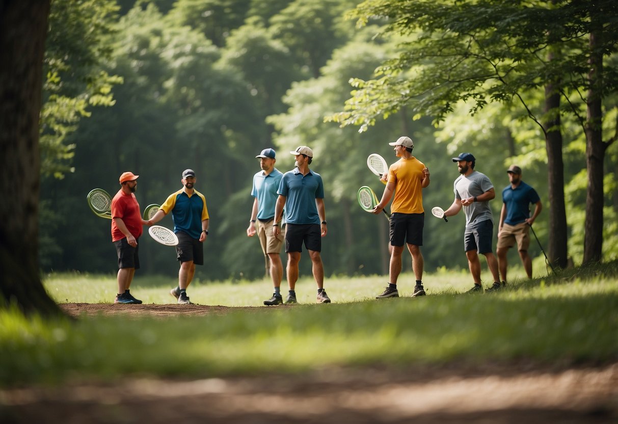 A group of disc golfers compete on the wooded course, surrounded by lush greenery and challenging terrain