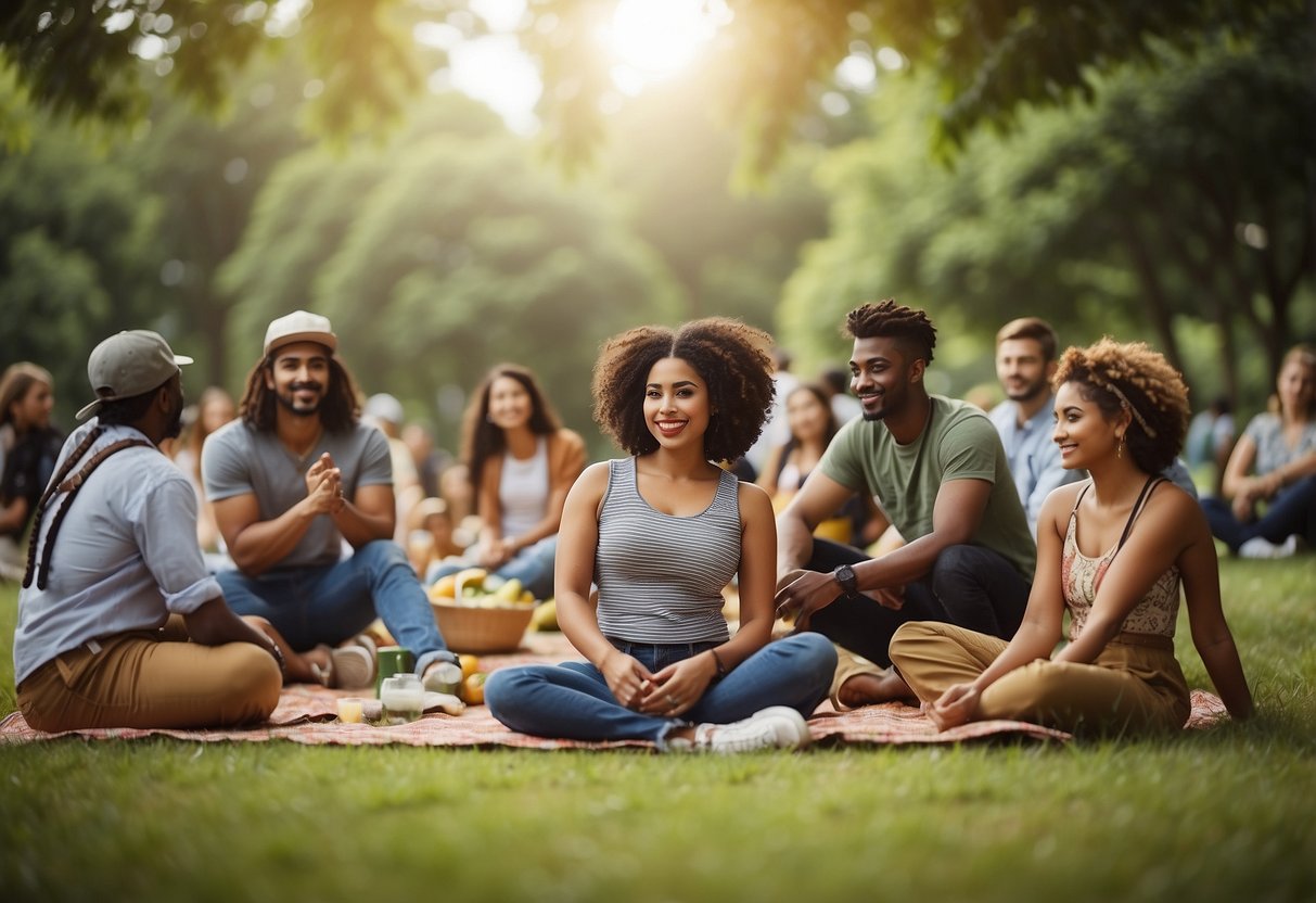 A diverse group of people gather in a lush park setting, engaging in various cultural activities such as music, dance, and food