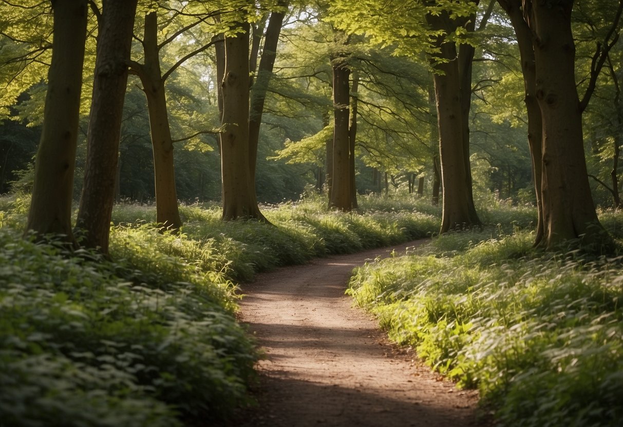 Visitors explore lush, wooded paths at Sedgley Woods. Colorful flora and towering trees create a serene atmosphere. The sound of birds and rustling leaves fills the air