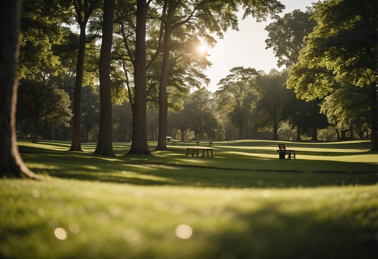 Lush green trees surround a disc golf course, with players using biodegradable discs. Recycling bins are strategically placed, and solar panels power the clubhouse. The tranquil setting exudes sustainability and minimal environmental impact