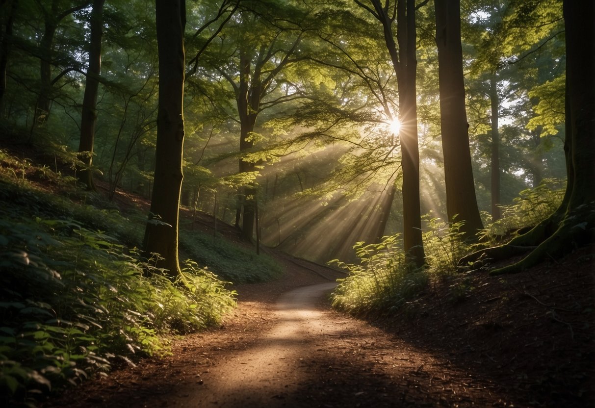 Sunlight filters through the dense forest, casting dappled shadows on the winding path leading to Sedgley Woods. Tall trees stand sentinel as birds chirp and rustle in the underbrush