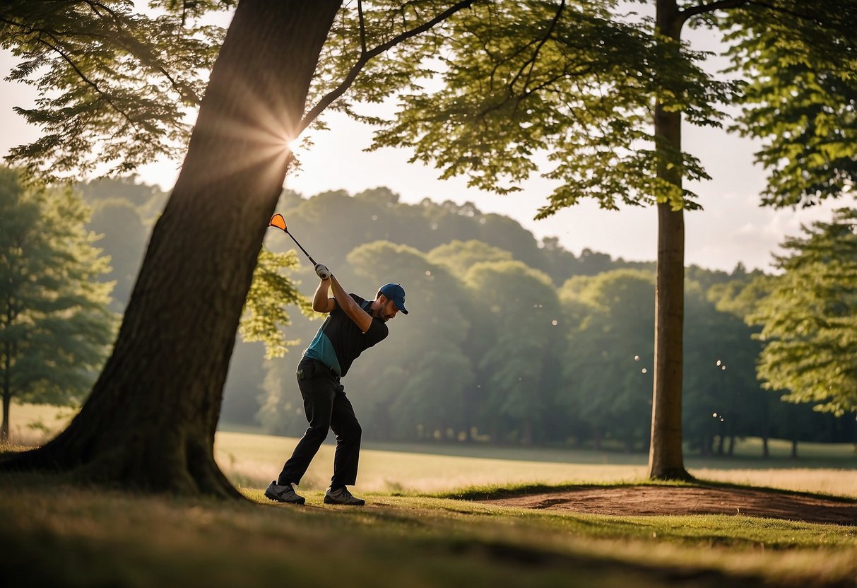 A disc golfer tees off at Sedgley Woods, surrounded by towering trees and a hilly terrain. The course is dotted with baskets and players navigating the challenging layout