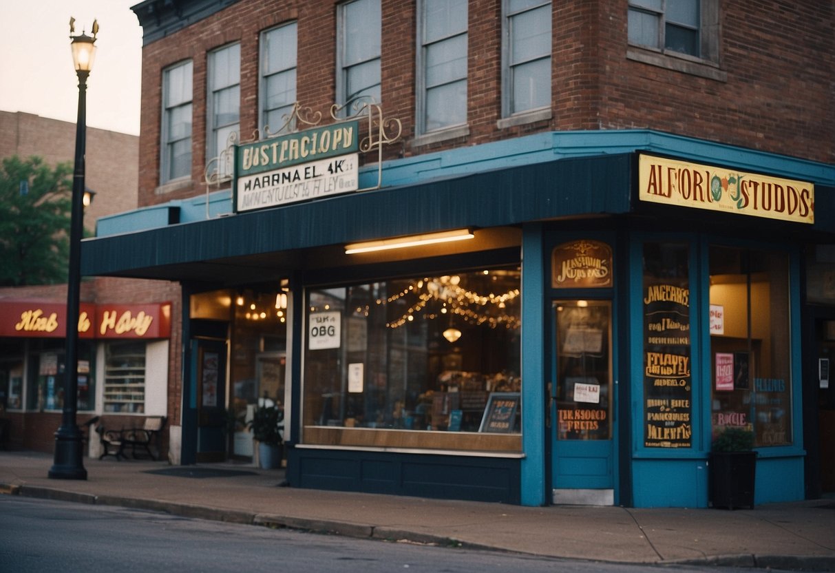 The bustling streets of Alford Studios in Memphis, with colorful storefronts and lively pedestrians