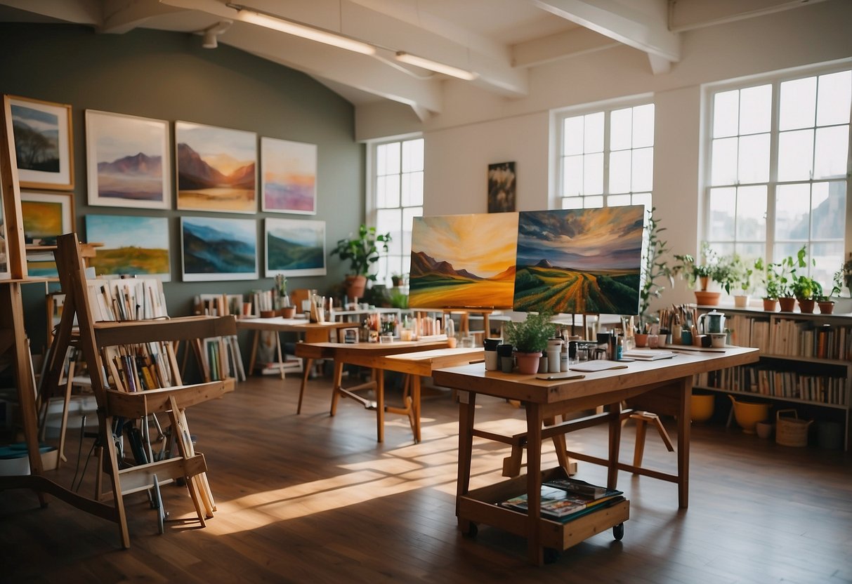 A spacious art studio with natural light, scattered art supplies, and large canvases on easels. Brightly colored paintings adorn the walls, and a cozy seating area invites creativity