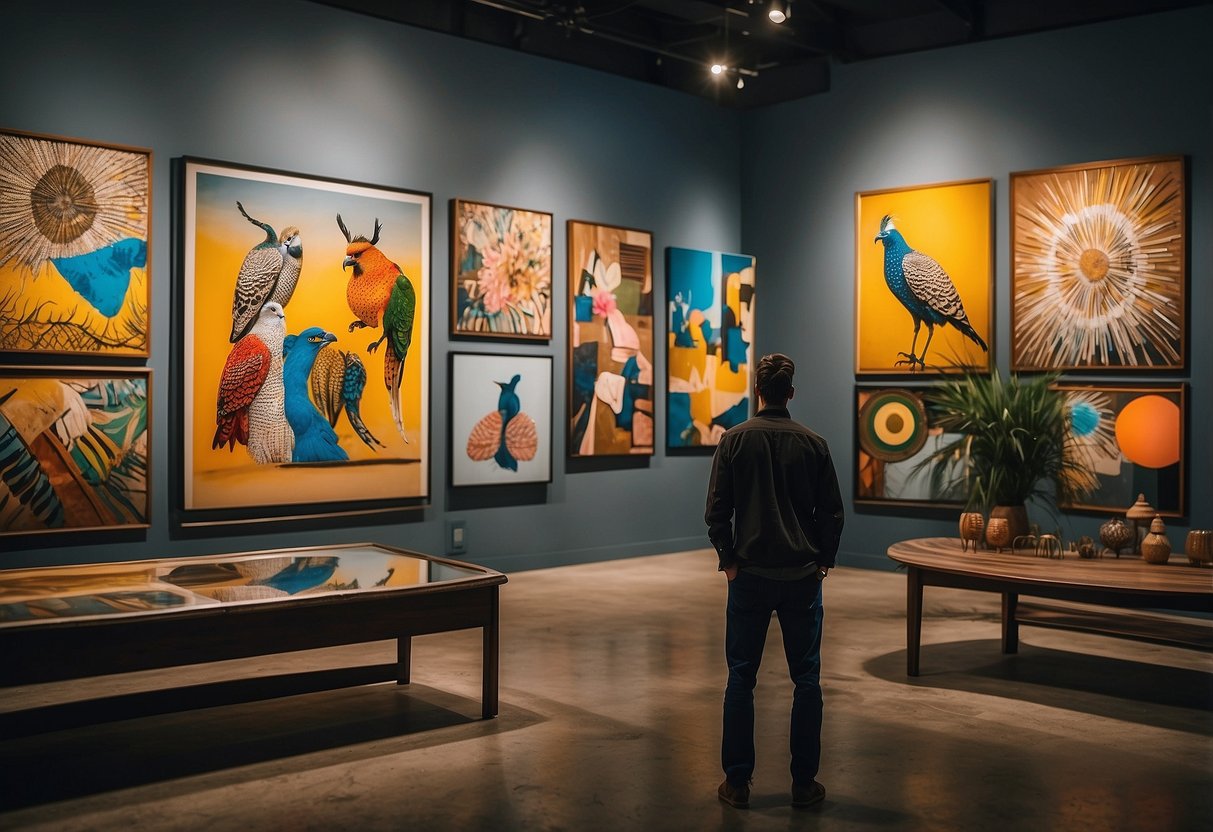 A customer admires artwork at Alford Studios in Memphis, surrounded by vibrant paintings and sculptures