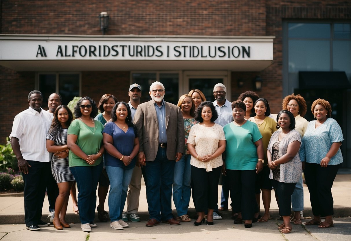 A group of people gathered in front of Alford Studios in Memphis, engaged in community involvement activities