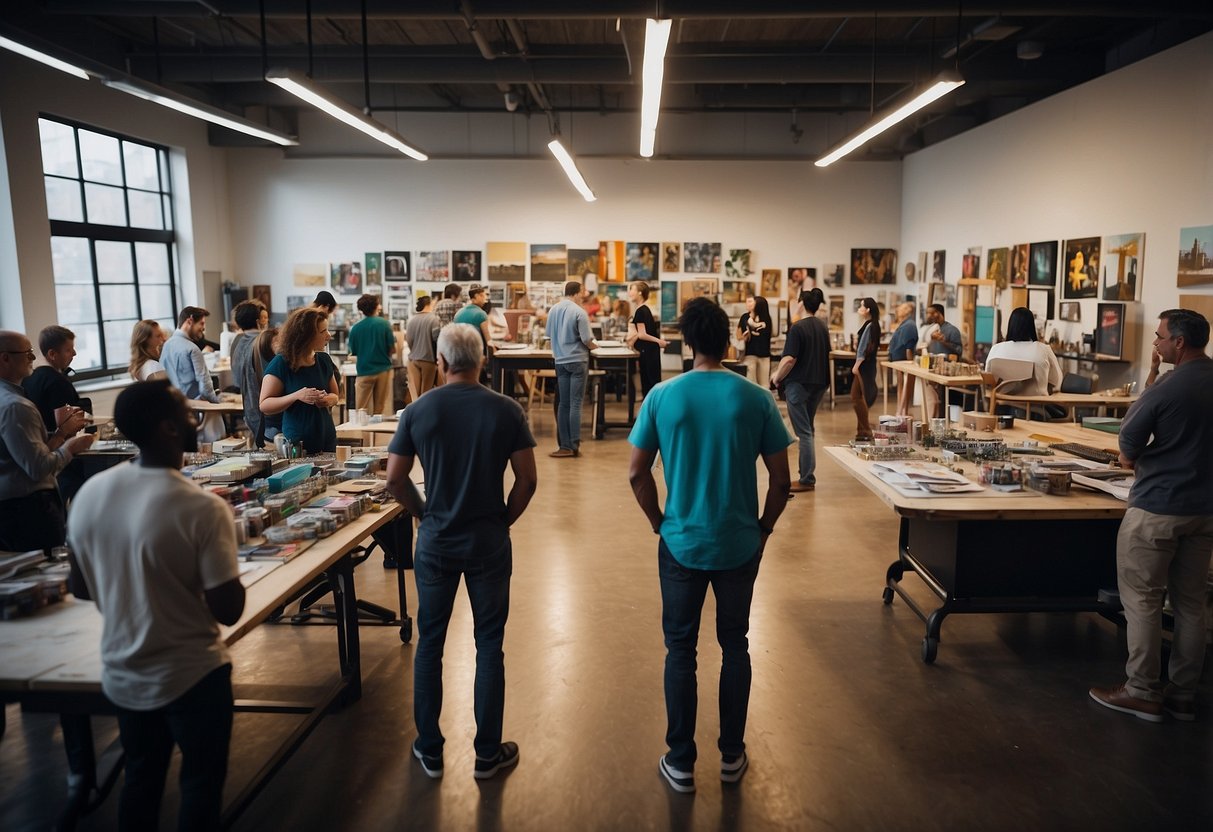 A bustling studio with people inquiring, creating, and collaborating on art in Memphis