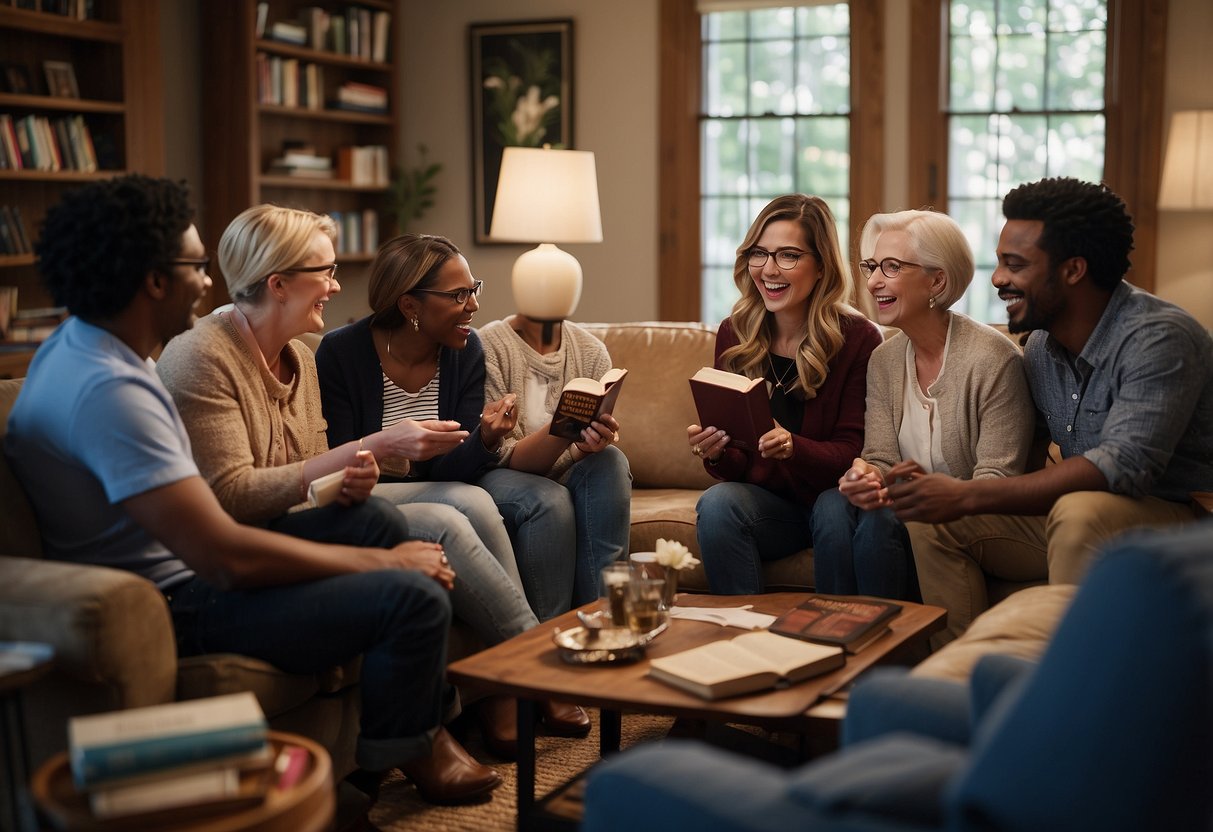 A group of book club members gathered in a cozy Memphis living room, discussing their latest read with enthusiasm and animated gestures