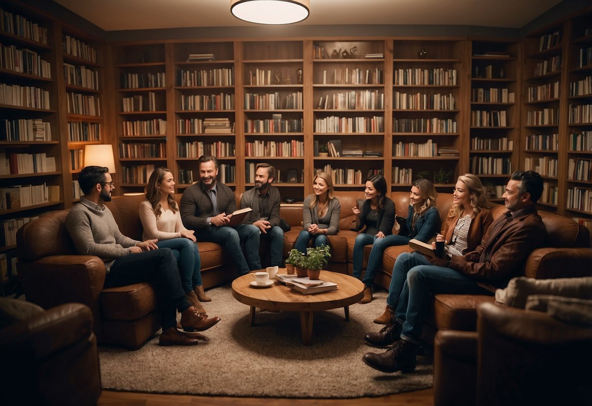 A group of people gather in a cozy room, surrounded by shelves of books. They sit in a circle, engaged in lively discussion, sipping on hot drinks