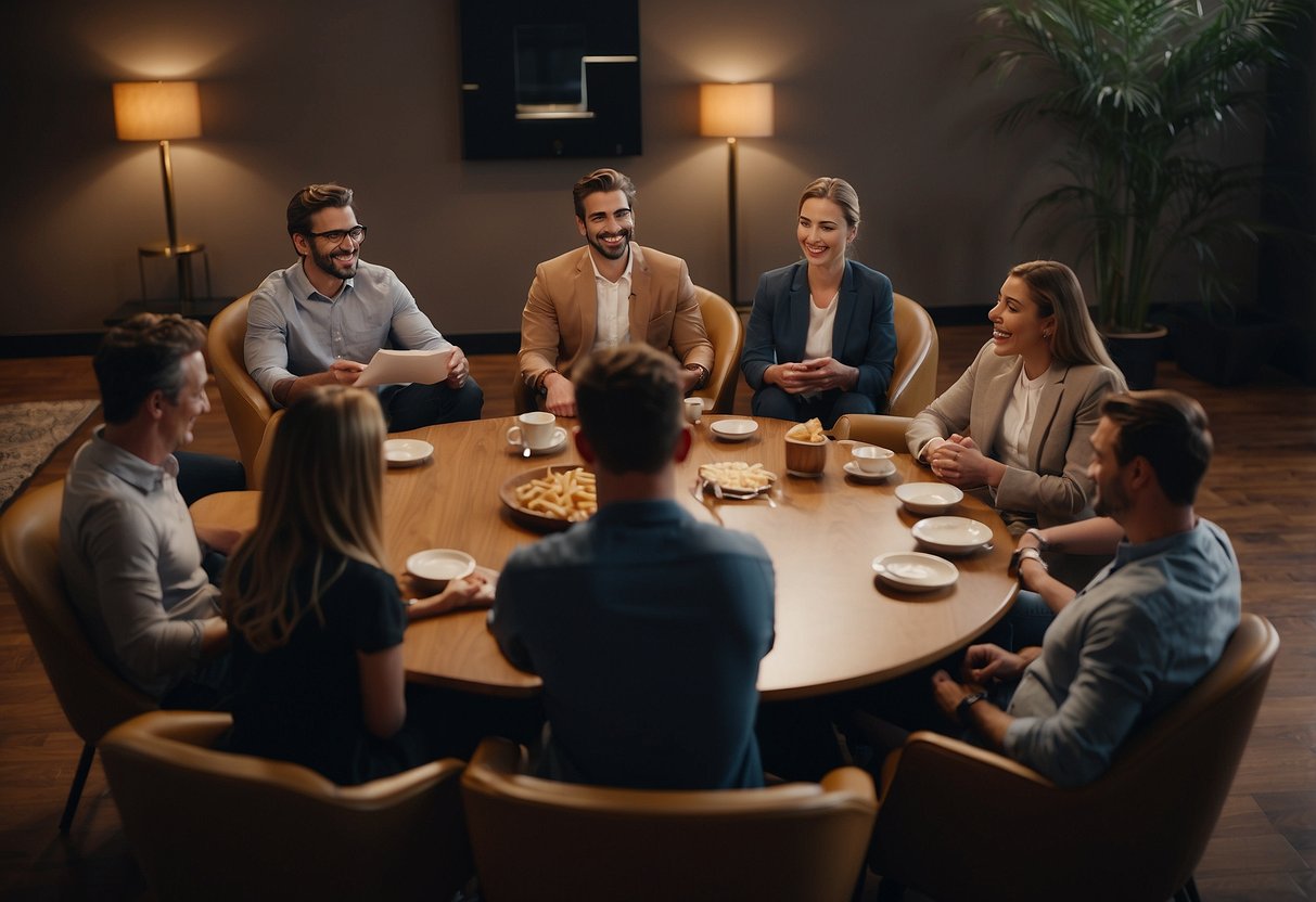 A group of people sit in a circle, discussing a book. A stack of books sits in the center, with coffee and snacks nearby. Laughter and lively conversation fill the room