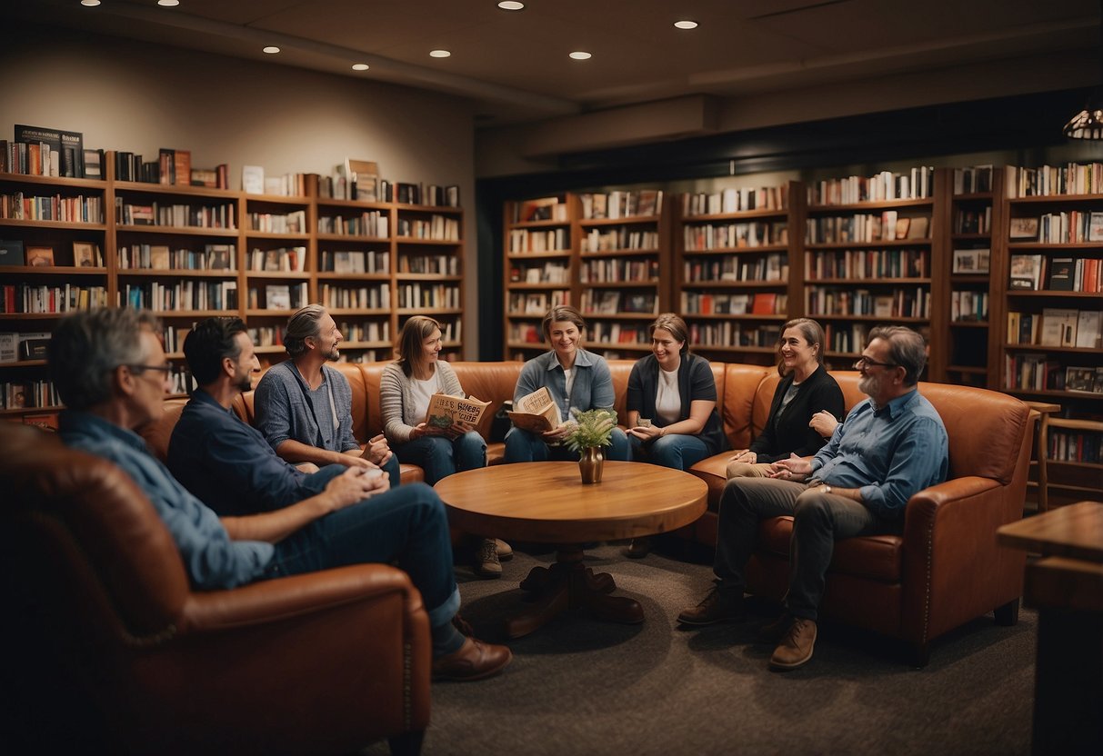 A group of people gather in a cozy bookstore, discussing and sharing their favorite books in Memphis. A shelf of bestsellers and comfortable seating create a welcoming atmosphere