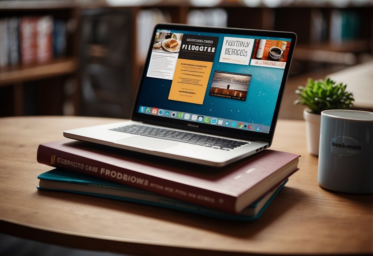 A table with a stack of books, a laptop open to a book club website, and a bulletin board with flyers for upcoming book club events