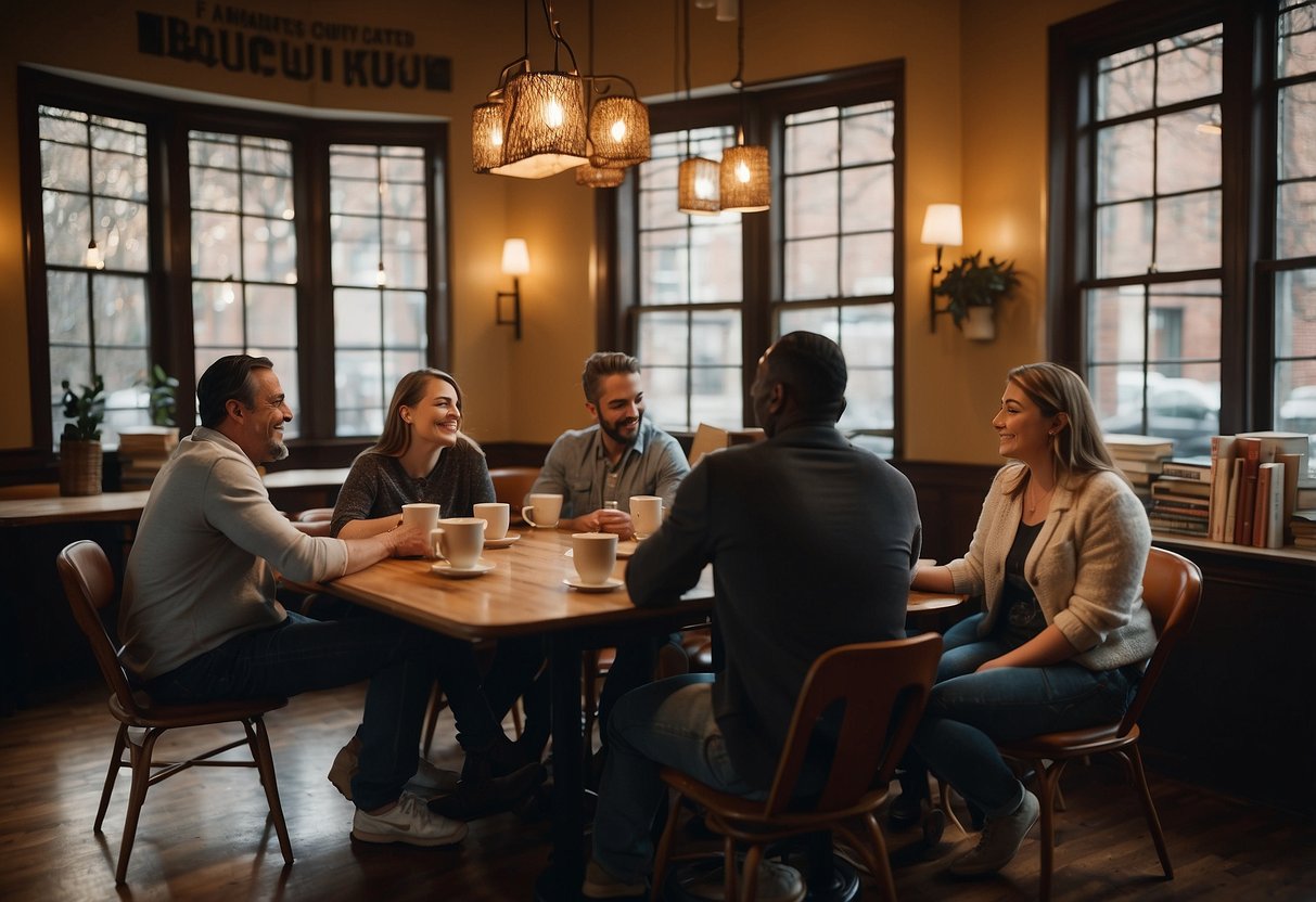 A group of people sit around a table, discussing books in a cozy Memphis cafe. Books are spread out, with coffee cups and notebooks