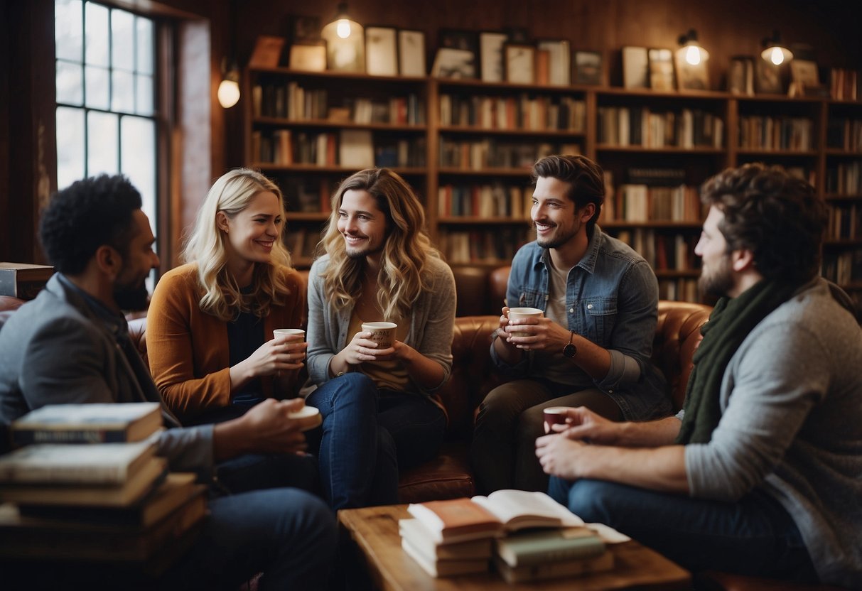 A group of people gather in a cozy bookshop in Memphis, discussing and sharing their thoughts on a variety of books as they sip on hot beverages