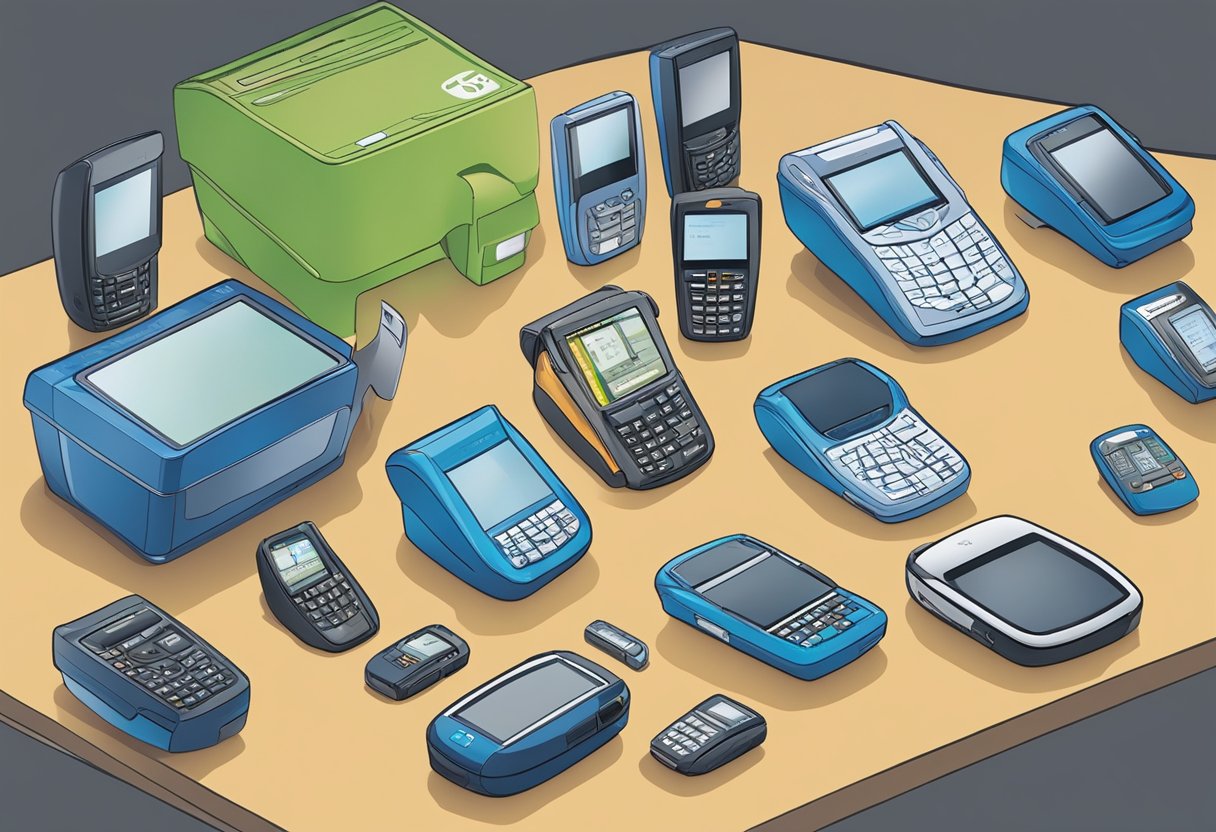 A table displaying the evolution of Palm Pilot devices, with older models arranged on one side and newer models on the other. A recycling bin labeled "What to do with old Palm Pilot" sits nearby