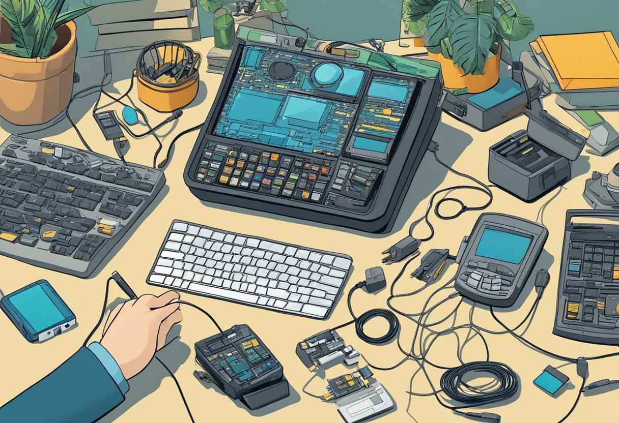 An old Palm Pilot sits on a cluttered desk, surrounded by scattered cables and electronic components. A person's hand reaches for it, ready to repurpose the outdated device