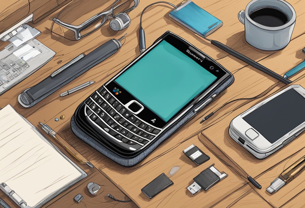 An old Blackberry phone lying on a wooden desk, surrounded by various electronic gadgets and a notepad with scribbled ideas