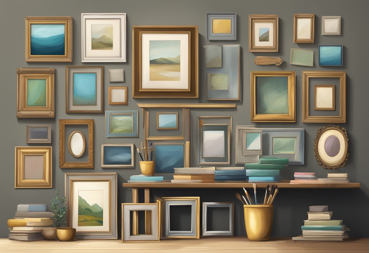 An array of old frames arranged on a wall, some empty, others filled with artwork or photos. A table nearby holds paint, brushes, and other art supplies