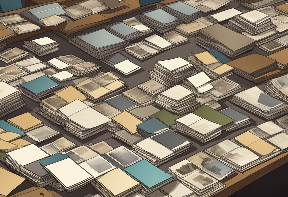 A table with scattered old photos being sorted into piles and placed into albums