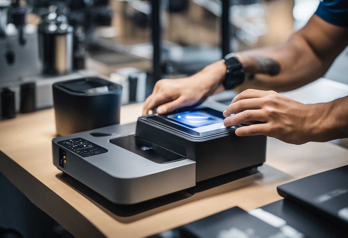 A person selects a laser engraver for tumblers from a variety of options displayed on a table in a well-lit showroom