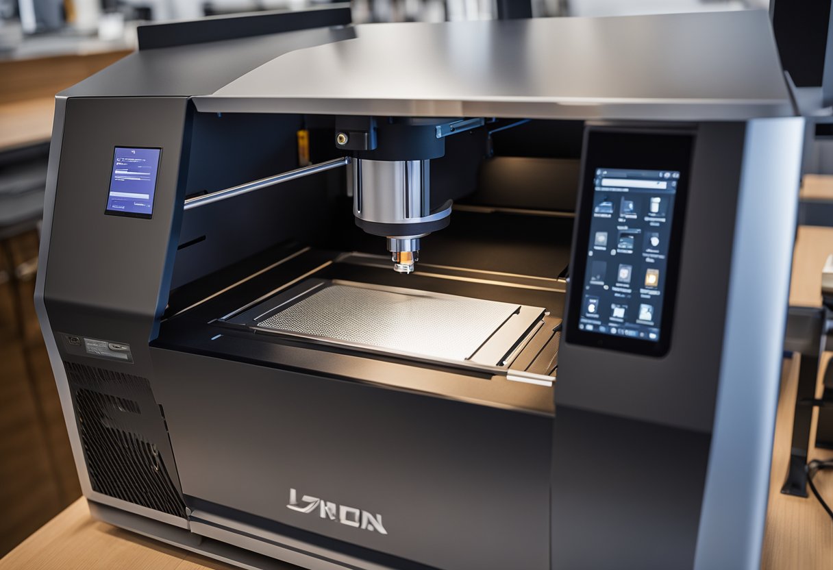 A laser engraver is positioned next to a tumbler, with the engraving software open on a computer screen. The laser head is adjusted and the tumbler is secured in place for engraving