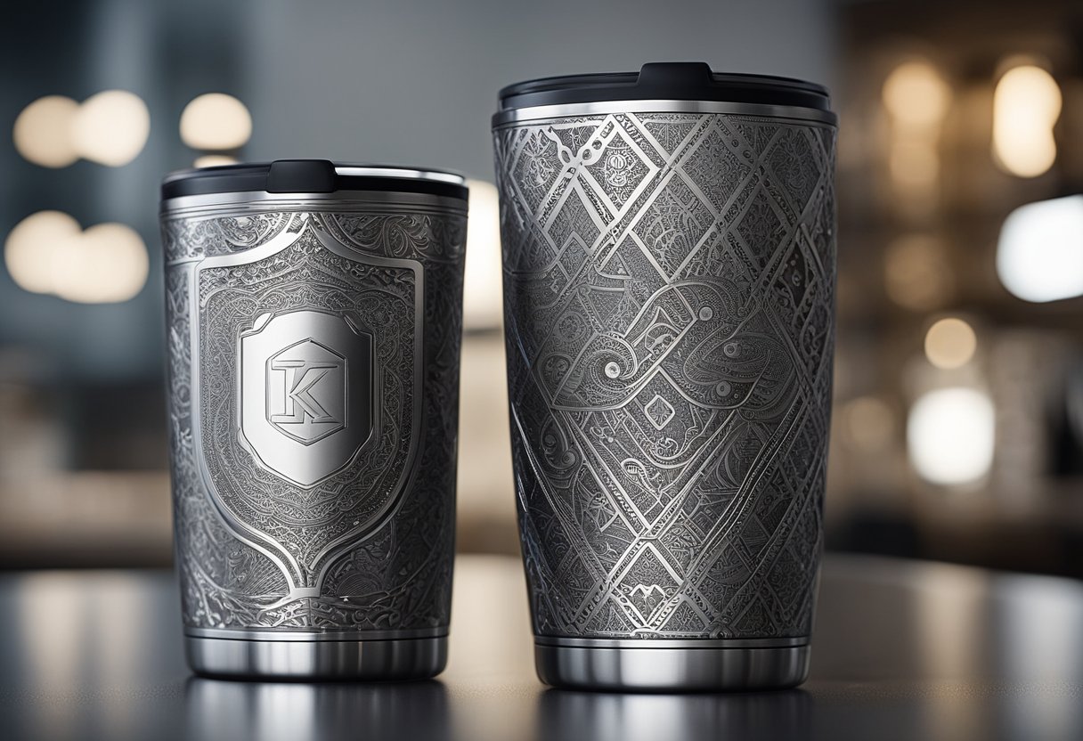 A laser engraver etches intricate designs onto a stainless steel tumbler using specialized software for precise detailing