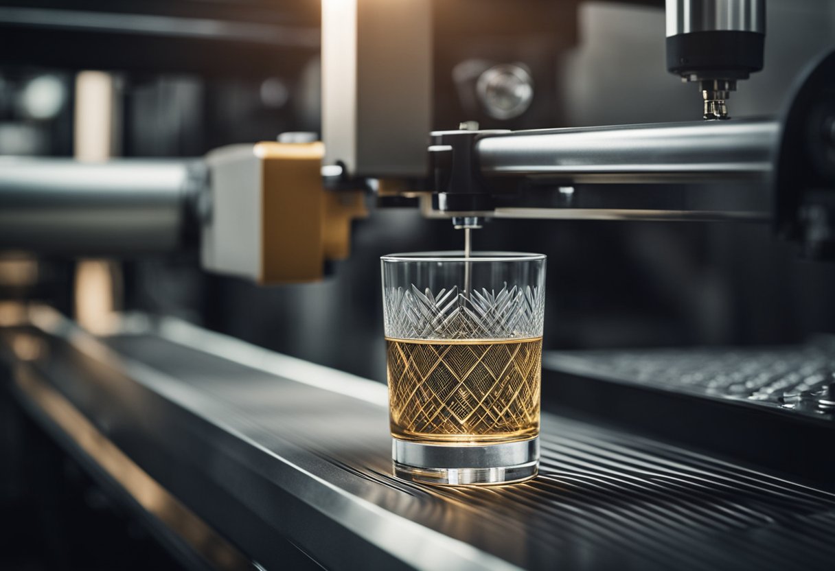 A tumbler sits inside a laser engraving machine. The laser moves back and forth, etching a design onto the surface of the tumbler with precision and accuracy