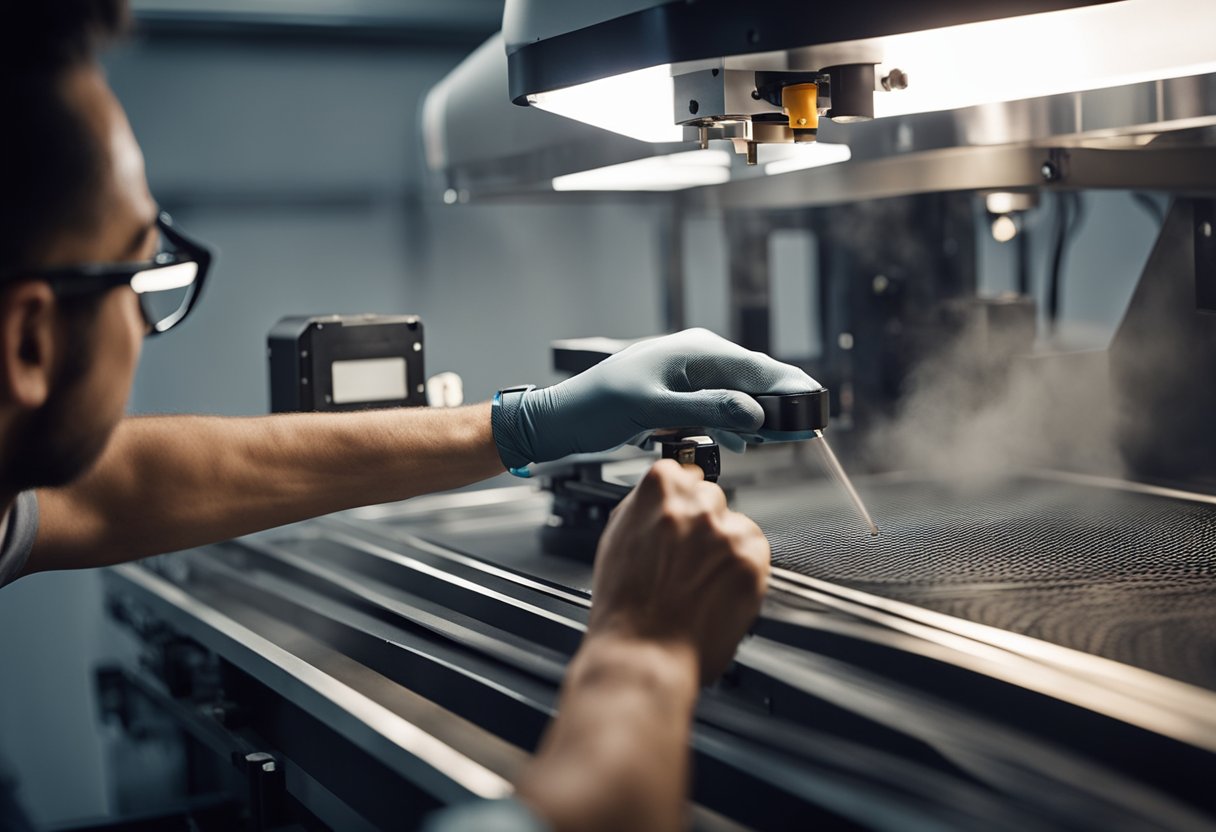 A technician adjusts settings on a laser engraver, inspecting the tumblers for alignment and clarity. Smoke rises as the machine etches designs onto the metal surface