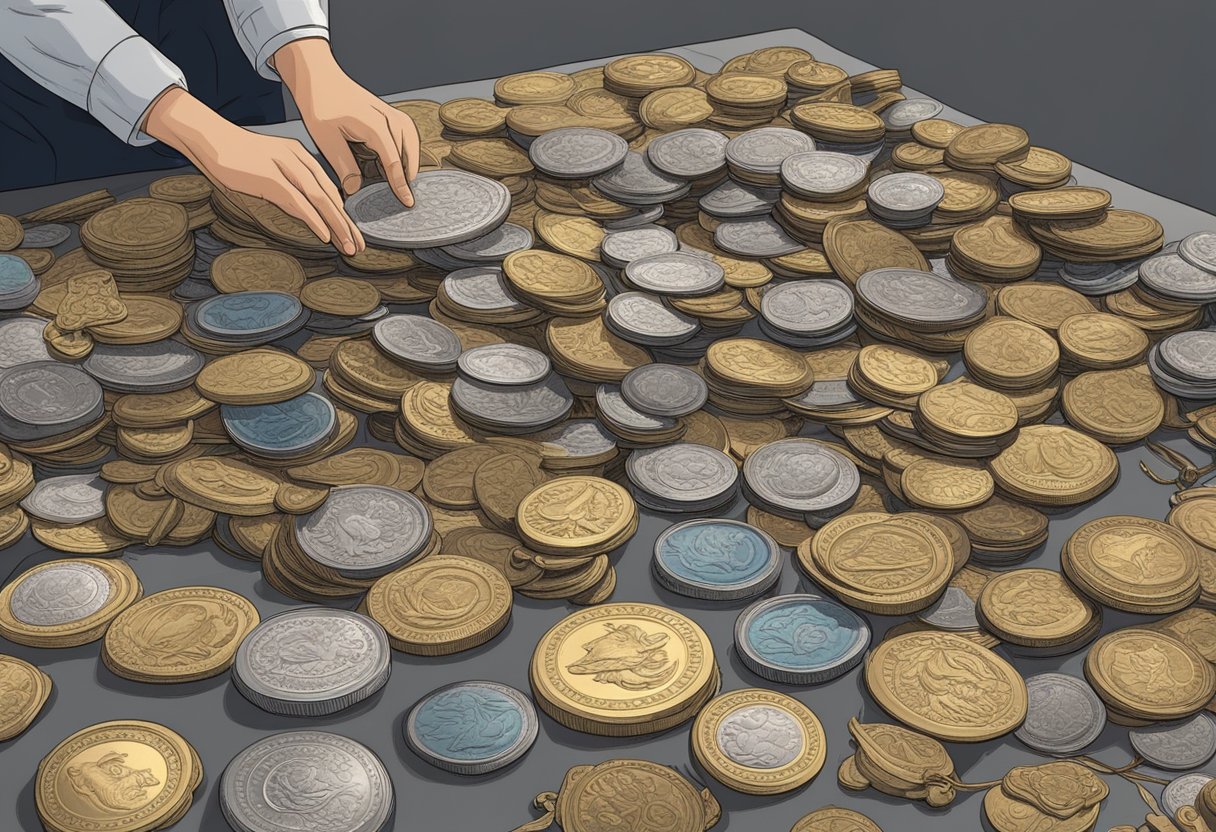 A table with scattered old awards, a person organizing and assessing them, with a pile of awards to keep and another to discard