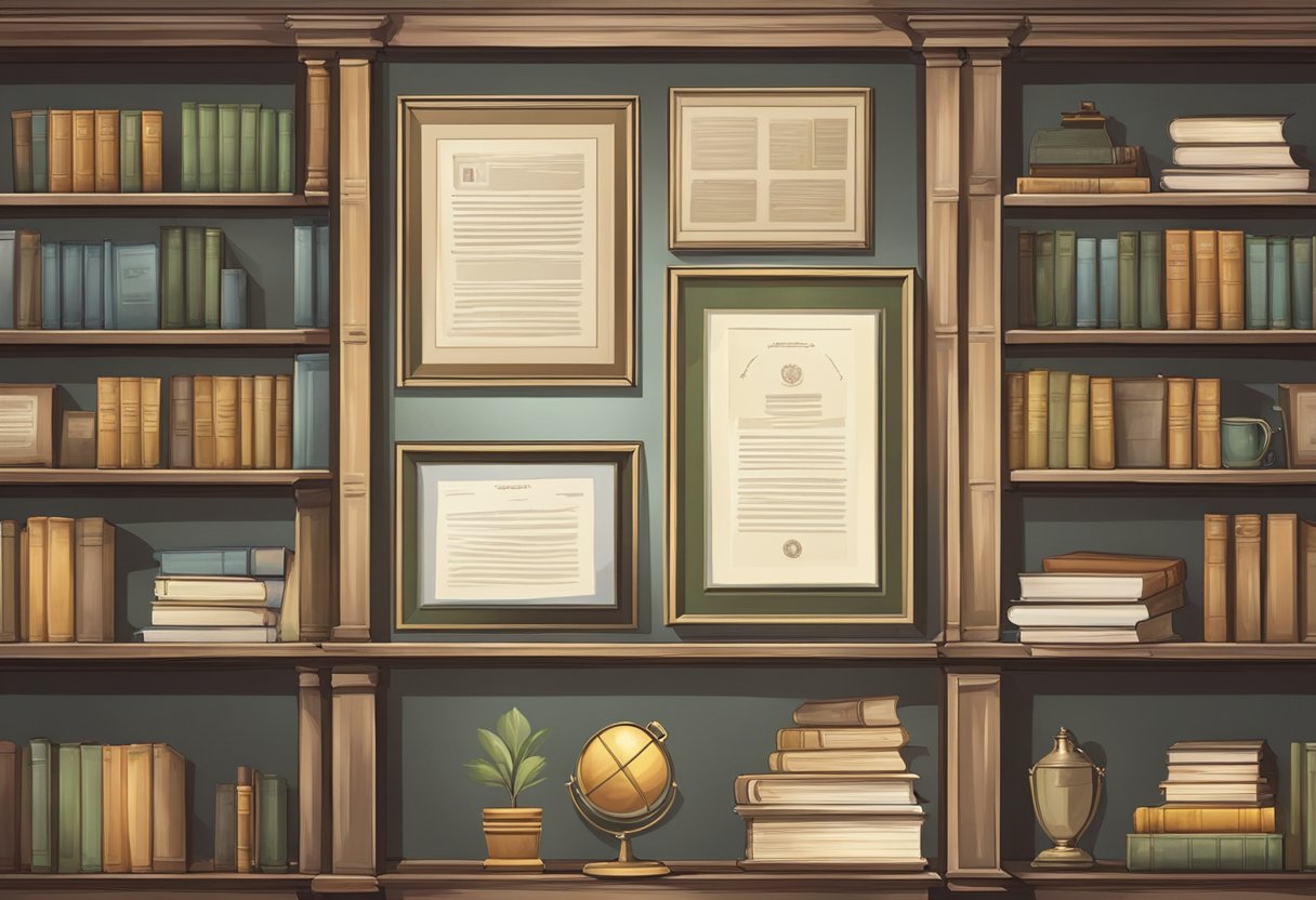 Old diplomas displayed on a wall with a spotlight, surrounded by a protective glass frame. A bookshelf nearby holds preservation supplies