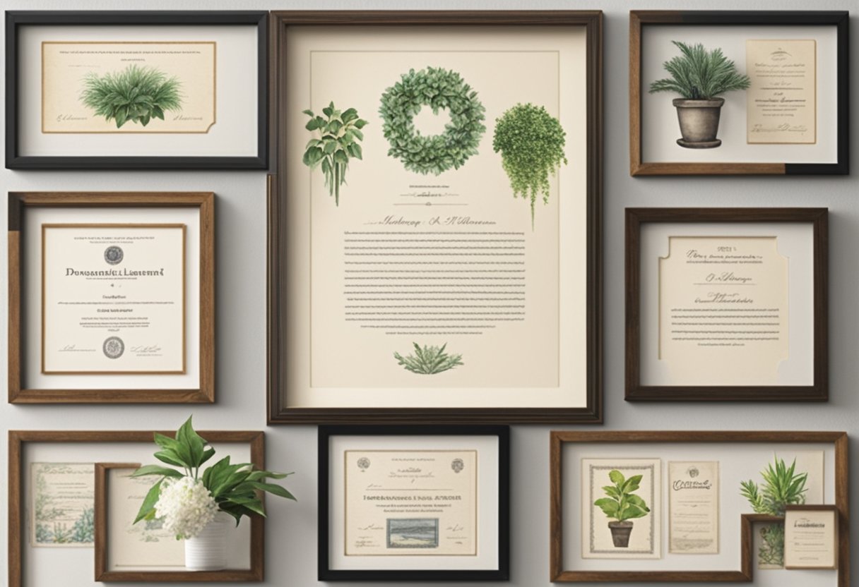 Old diplomas arranged on a wall, framed with repurposed materials like reclaimed wood or vintage frames. A plant or decorative item incorporated into the display