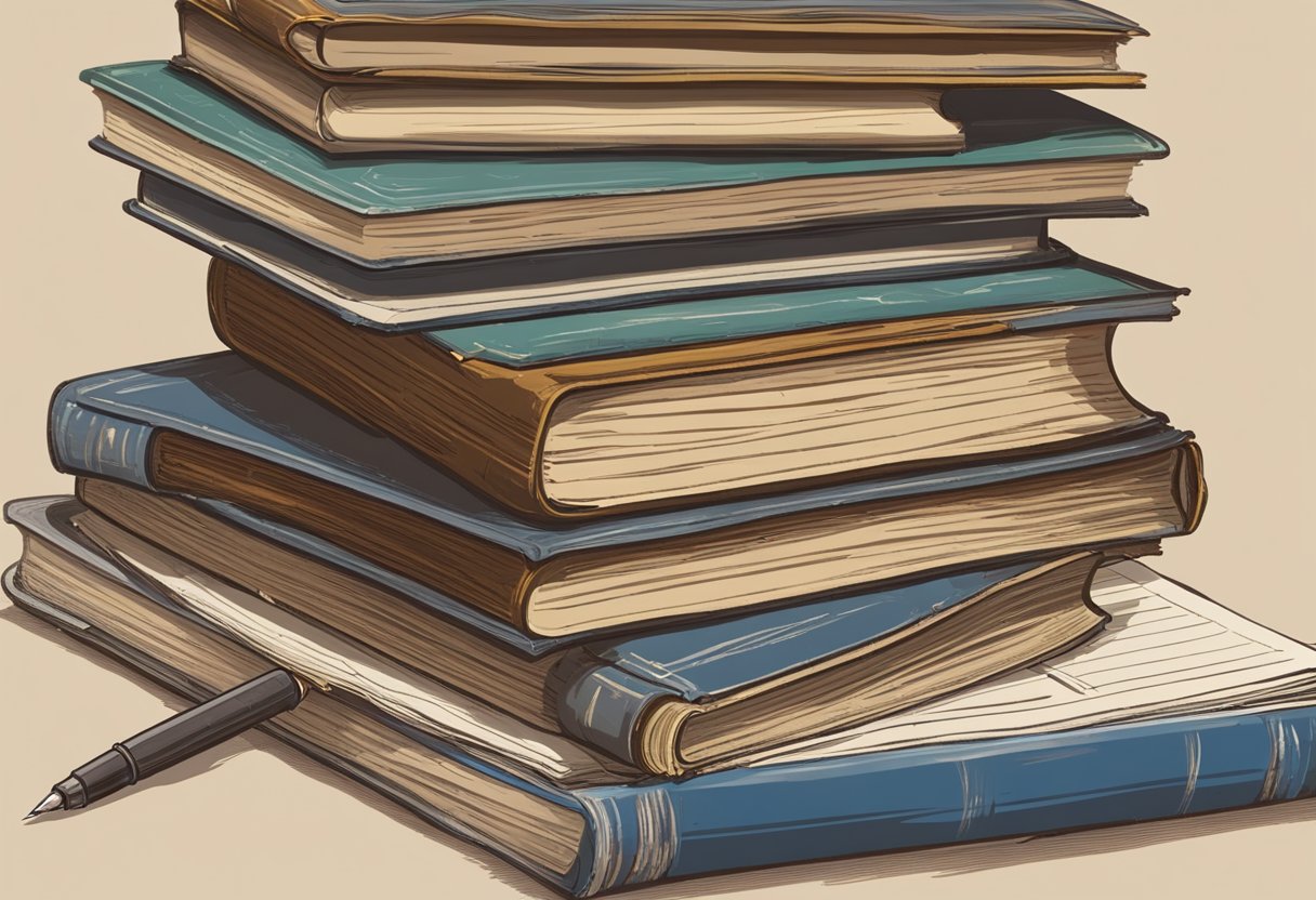 A stack of old textbooks sits on a table, showing signs of wear and tear. A person holds a pen, ready to evaluate their value and condition