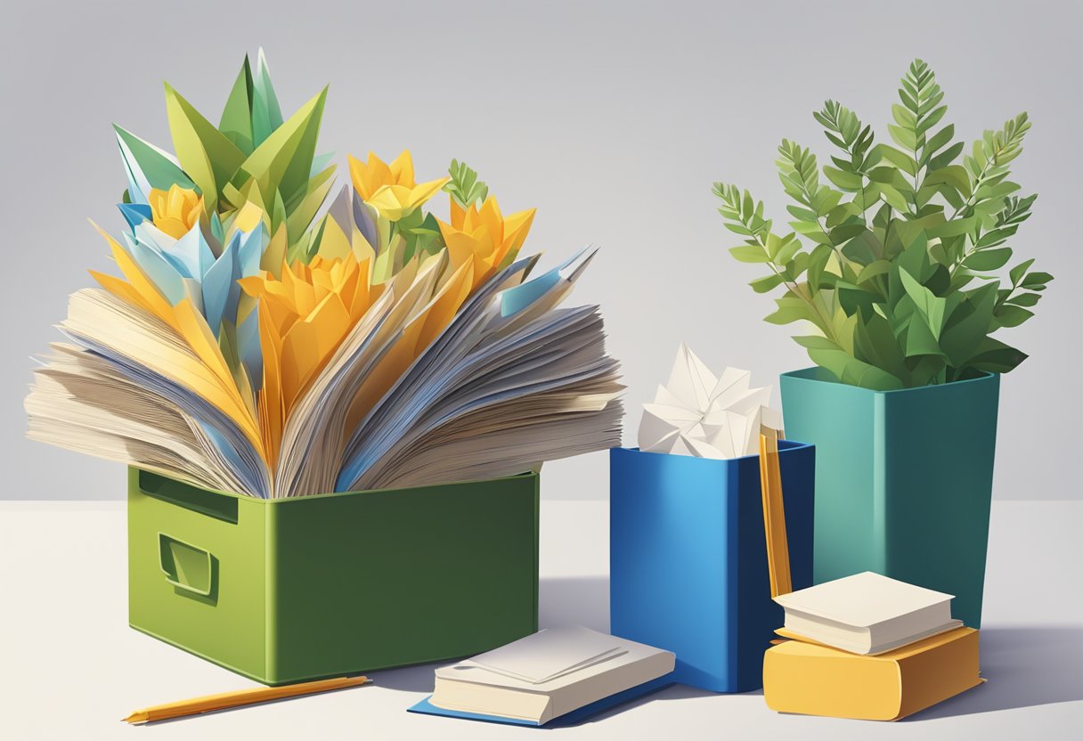 Old textbooks stacked in a recycling bin. One book open with pages being turned into origami flowers. Another book being used as a base for a potted plant