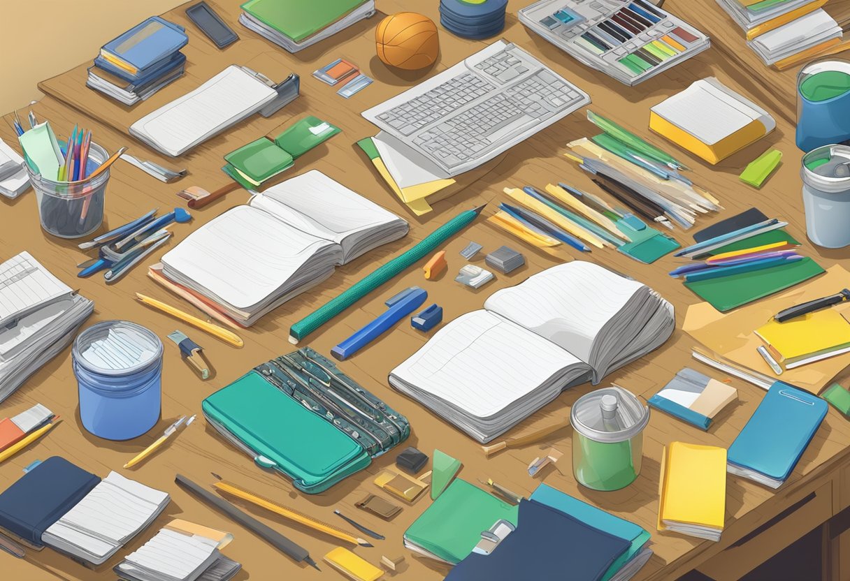 School supplies spread on a table, some new, some worn. Sorting into piles: reuse, donate, recycle. A sense of organization and purpose