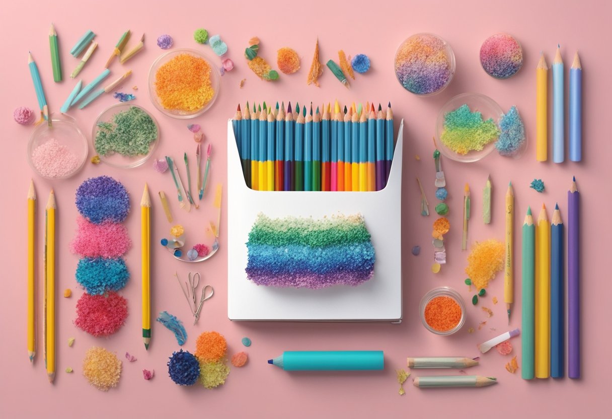 Old school supplies transformed into new creations: pencil shavings become art, notebooks turned into jewelry, and crayons melted into colorful candles