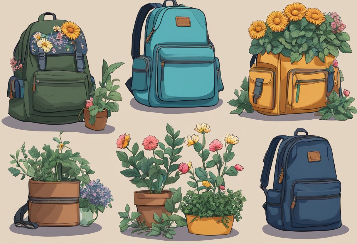 Old backpacks stacked in a corner, some with patches and others with missing zippers. A person sewing on a new strap. A backpack turned into a planter, with flowers spilling out