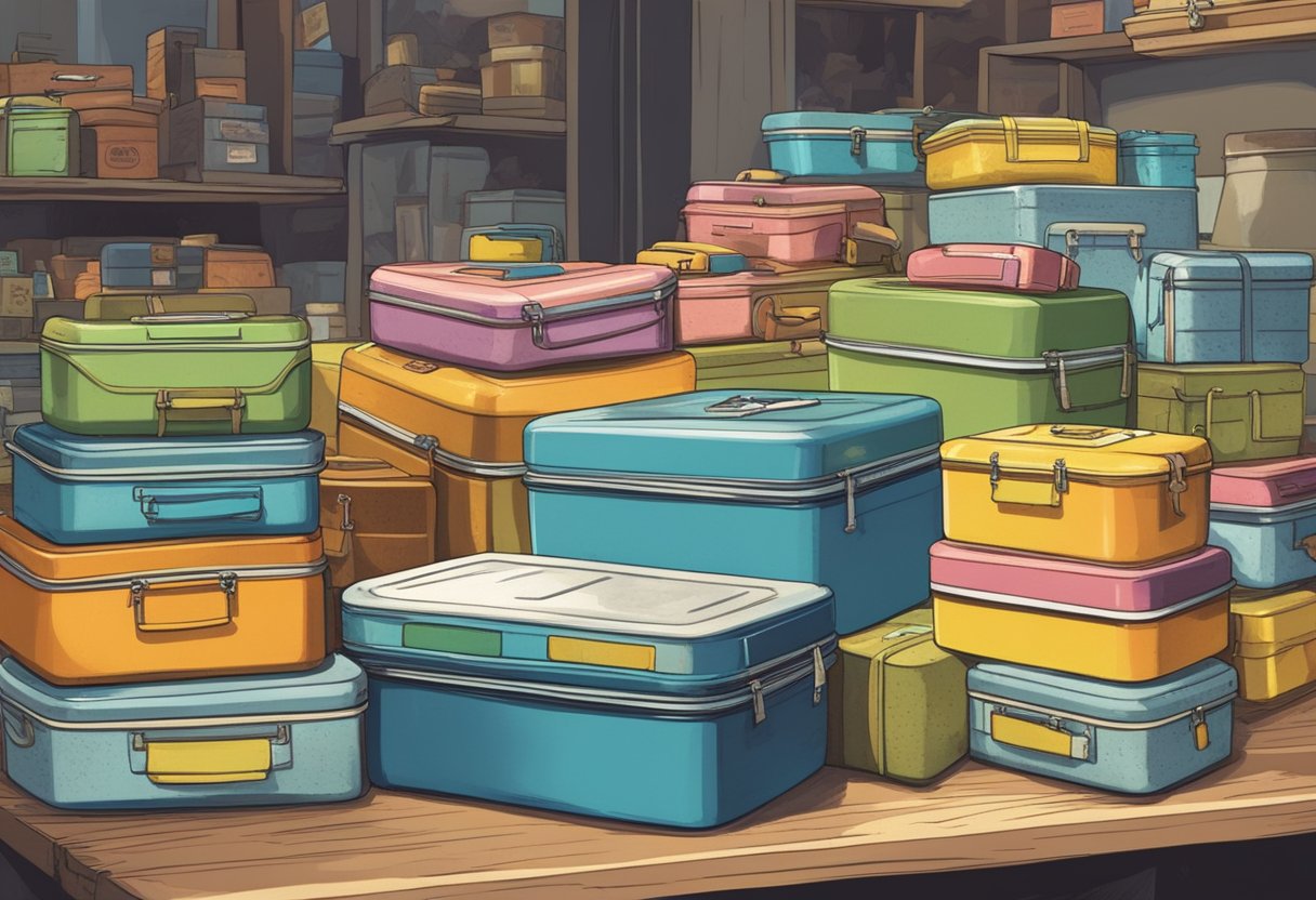 An array of old lunch boxes piled on a table, with a sign reading "Collecting and Selling" in a bustling flea market