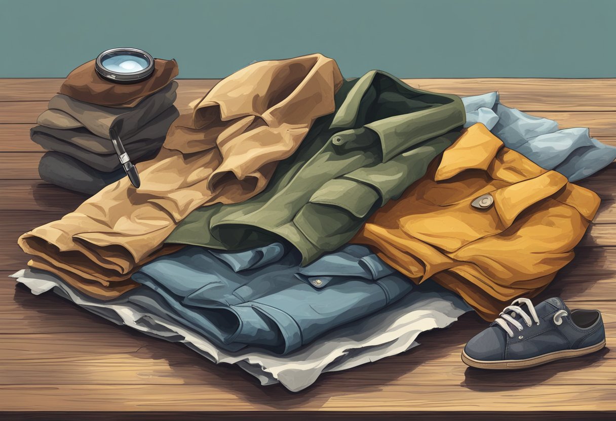 A pile of worn, faded clothes sits on a wooden table, some with holes and frayed edges. A hand holds a magnifying glass, inspecting the fabric closely